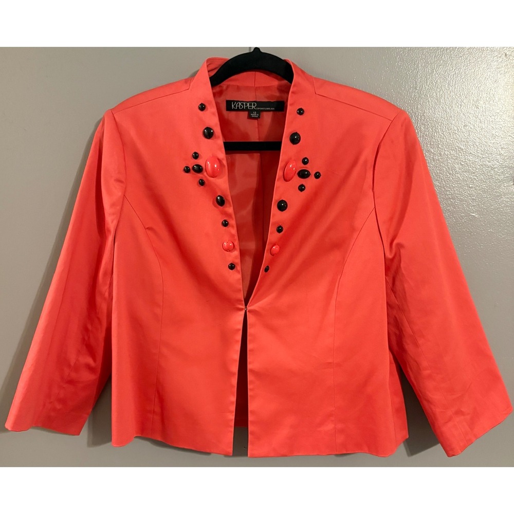 Kasper Sportswear Women Coral Orange Beaded Open Front Blazer Jacket Size 12